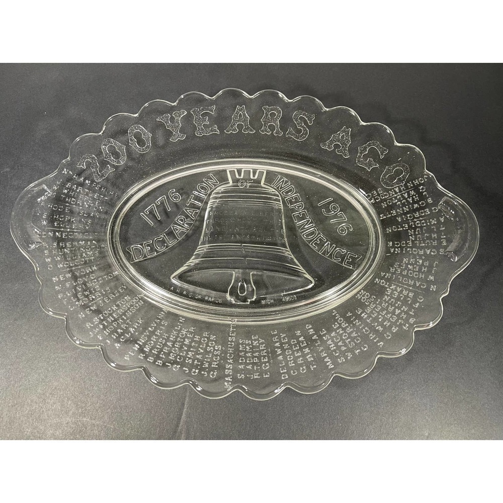 Bicentennial Platter MCM Declaration Of Independence Glass Platter 1776 With Box
